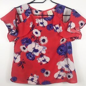 Japna Red Floral Cold Shoulder Top - Small